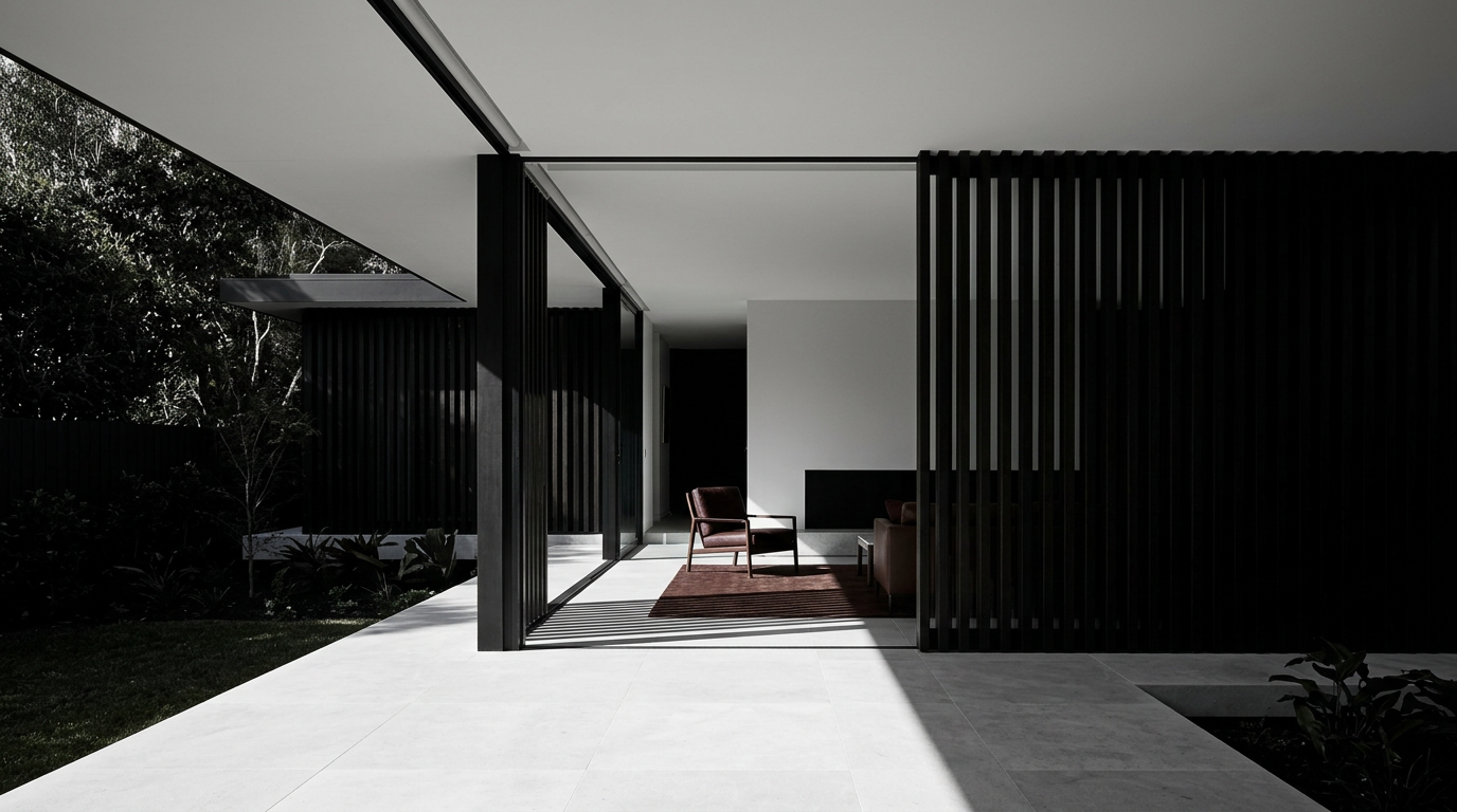 Architectural pavilion-style home featuring premium timber screening and stone finishes, representing premium Australian residential design