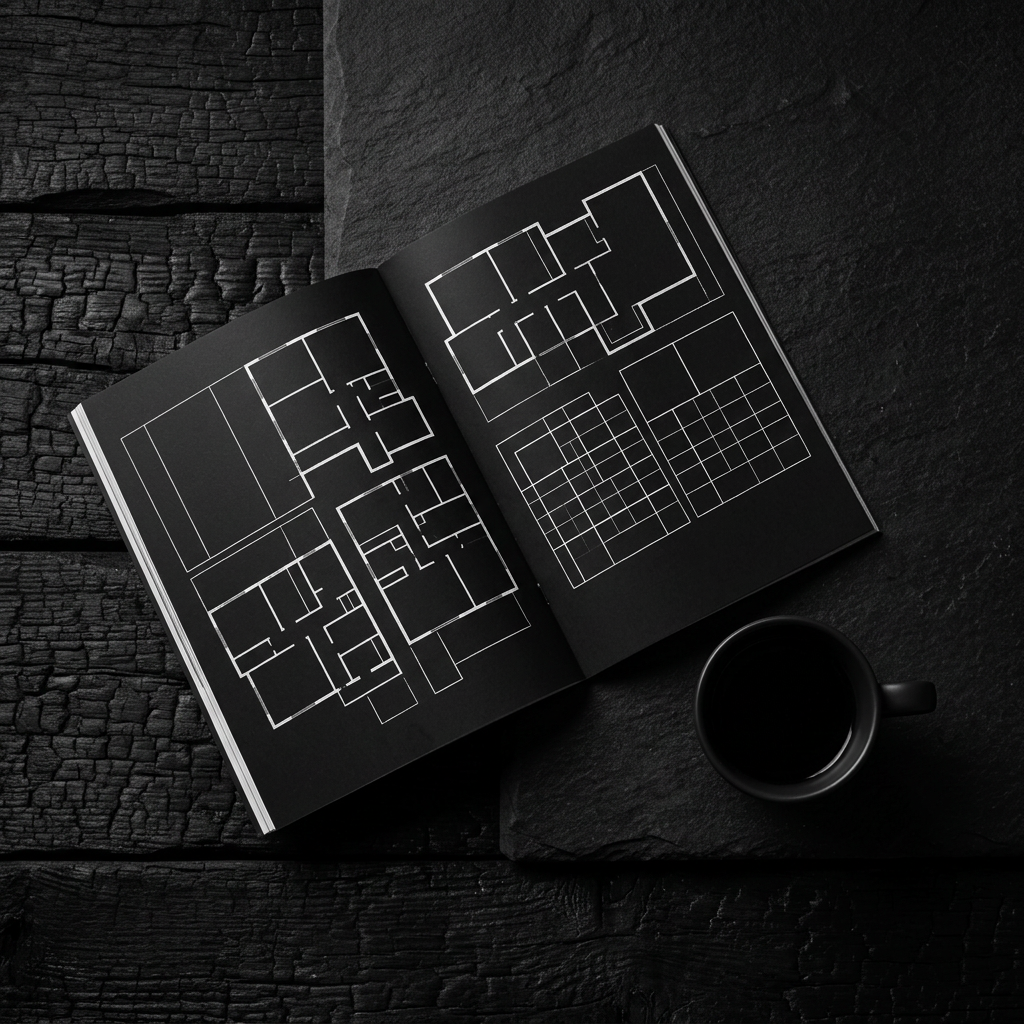 Professional editorial flat-lay on dark textured granite showcasing clean property layout grids inside THE SELLER’S PLAYBOOK