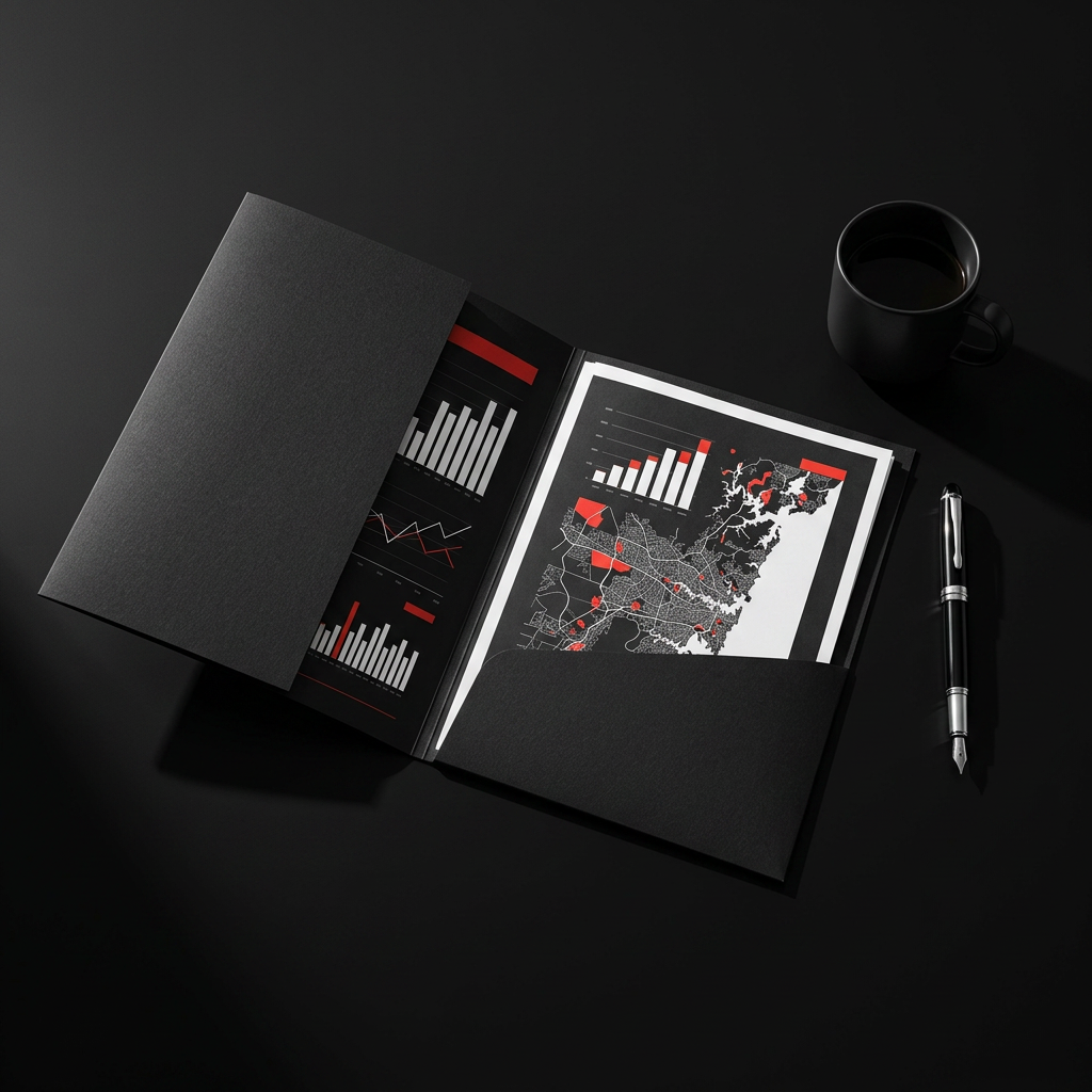 A physical, professional agency performance folder on a minimalist timber desk
